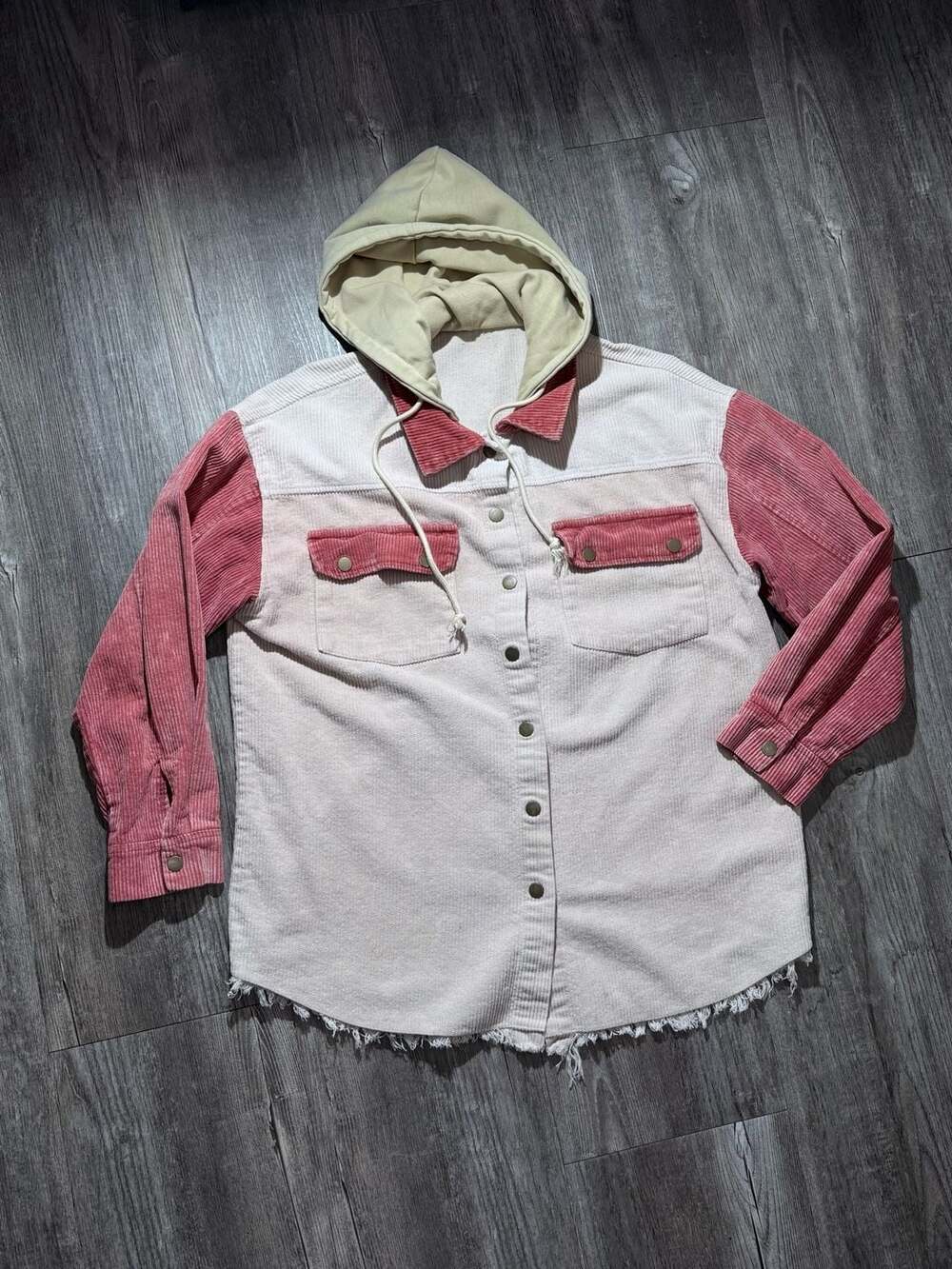 Women's Colorblock Hooded Corduroy Shacket with Frayed Hem